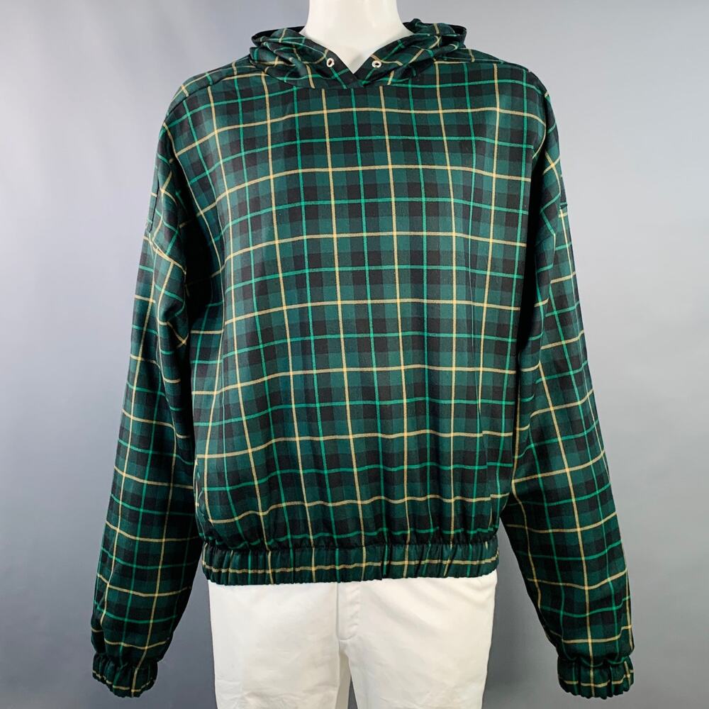 Size L Grunge Hoodie Green Black Yellow Plaid Wool Oversized Sweatshirt
